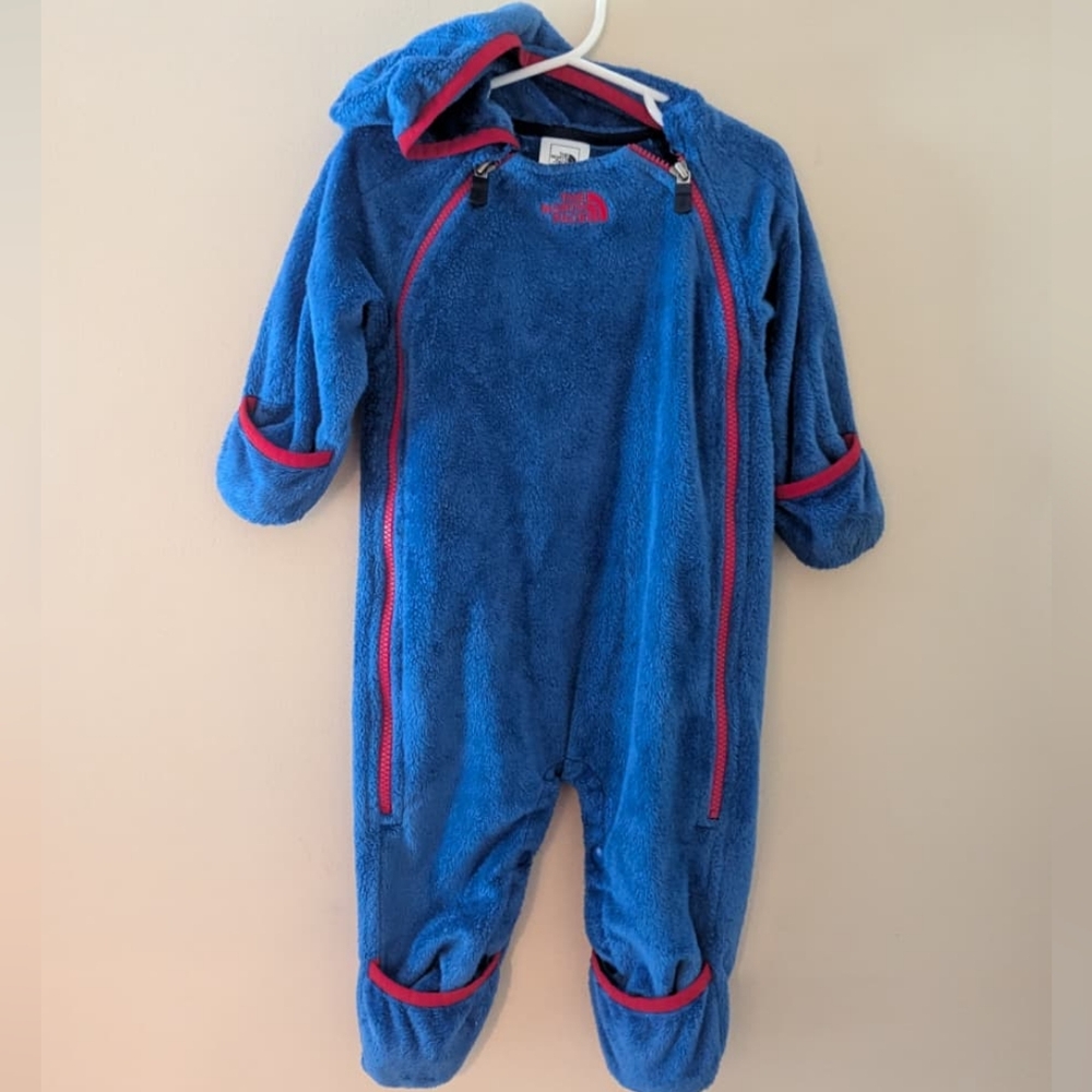 The North Face Blue and Red Kids Fleece Snowsuit ~ Sz 6-12 Mo
